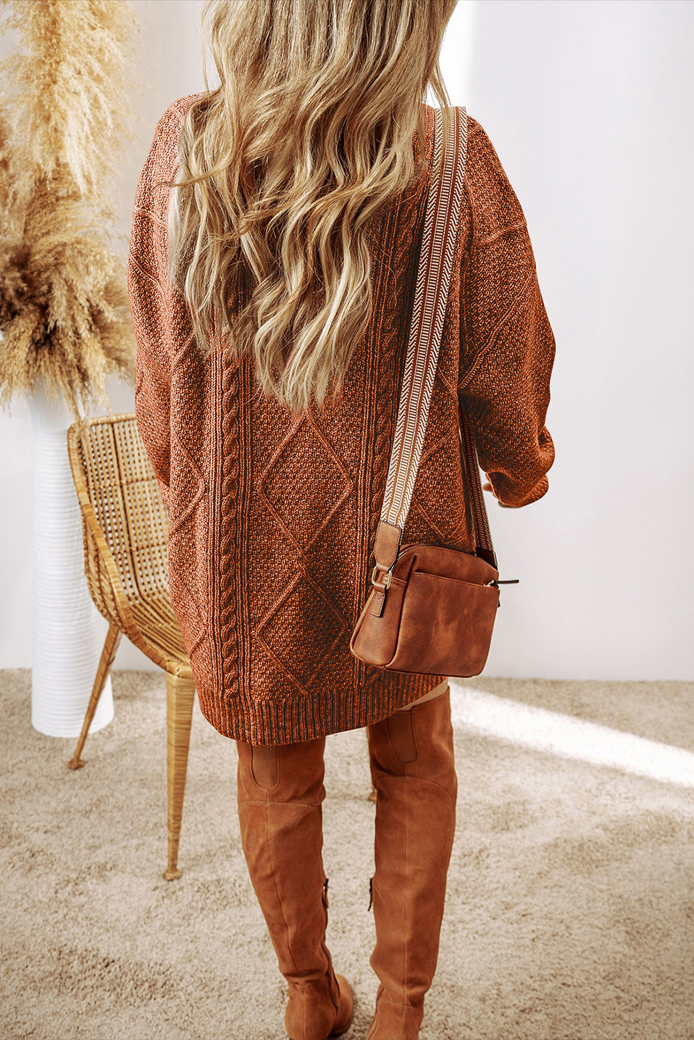 Coffee Cable Knit Drop Shoulder Loose Fit Sweater Dress-Chaelisa's New Jammies