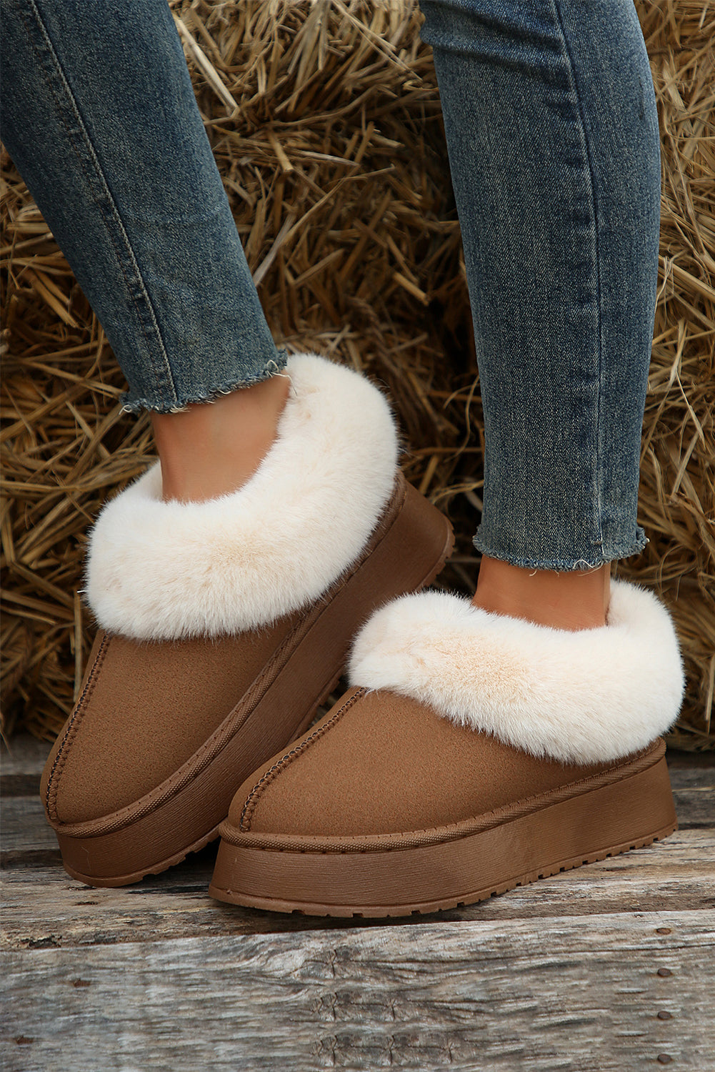 Chestnut Plush Suede Trim Thick Sole Flat Snow Boots-Chaelisa's New Jammies