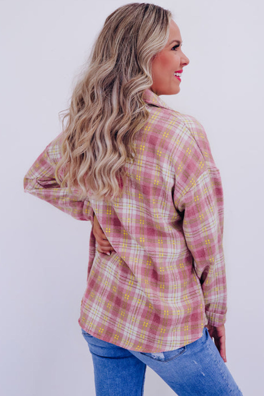 Pink Plaid Print Chest Pocket Long Sleeve Shacket-Chaelisa's New Jammies