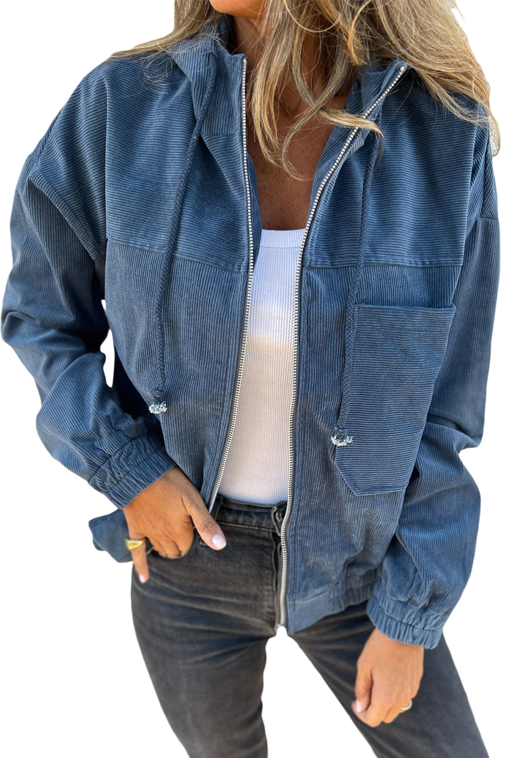 Real Teal Corduroy Drawstring Hooded Pocket Zip Up Jacket-Chaelisa's New Jammies