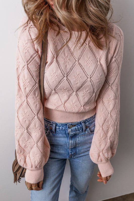 Gossamer Pink Openwork Plaid Puff Sleeve Cropped Sweater-Chaelisa's New Jammies