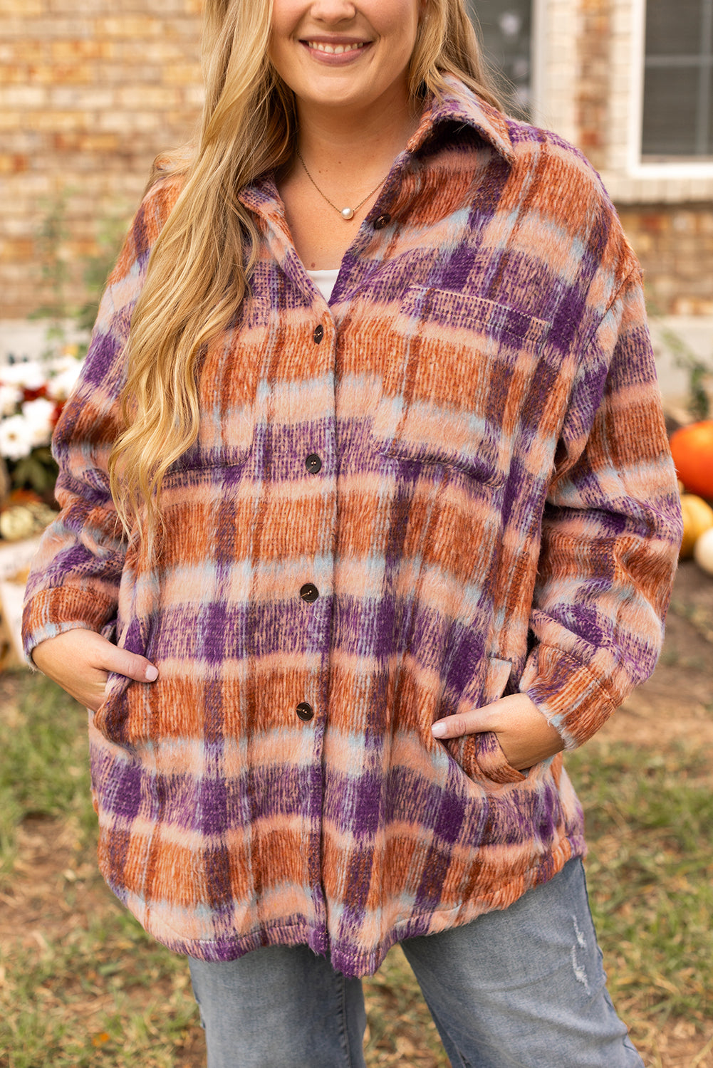 Multicolour Plus Size Plaid Print Collared Button up Jacket-Chaelisa's New Jammies