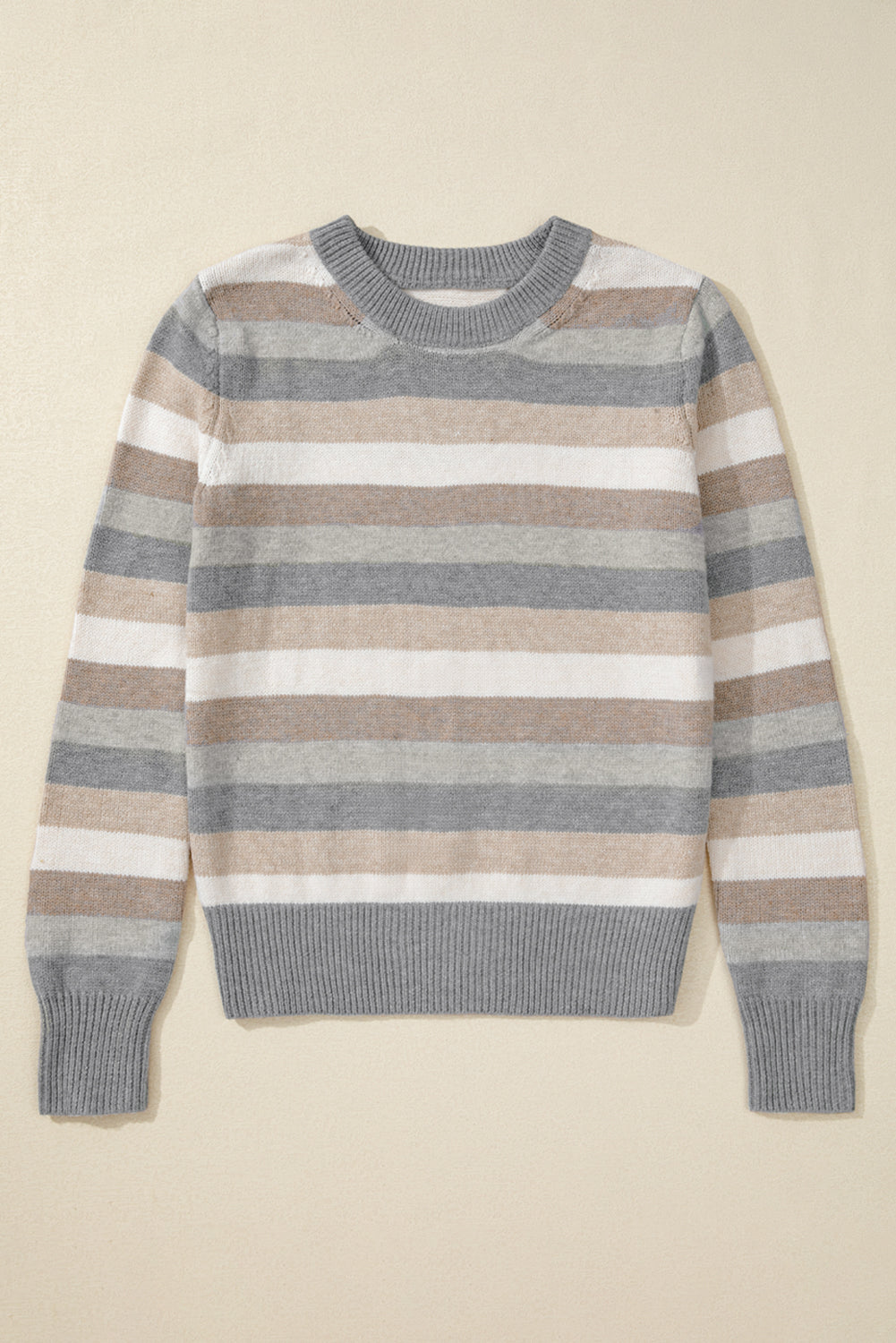 Gray Stripe Color Block Ribbed Edge Round Neck Sweater-Chaelisa's New Jammies
