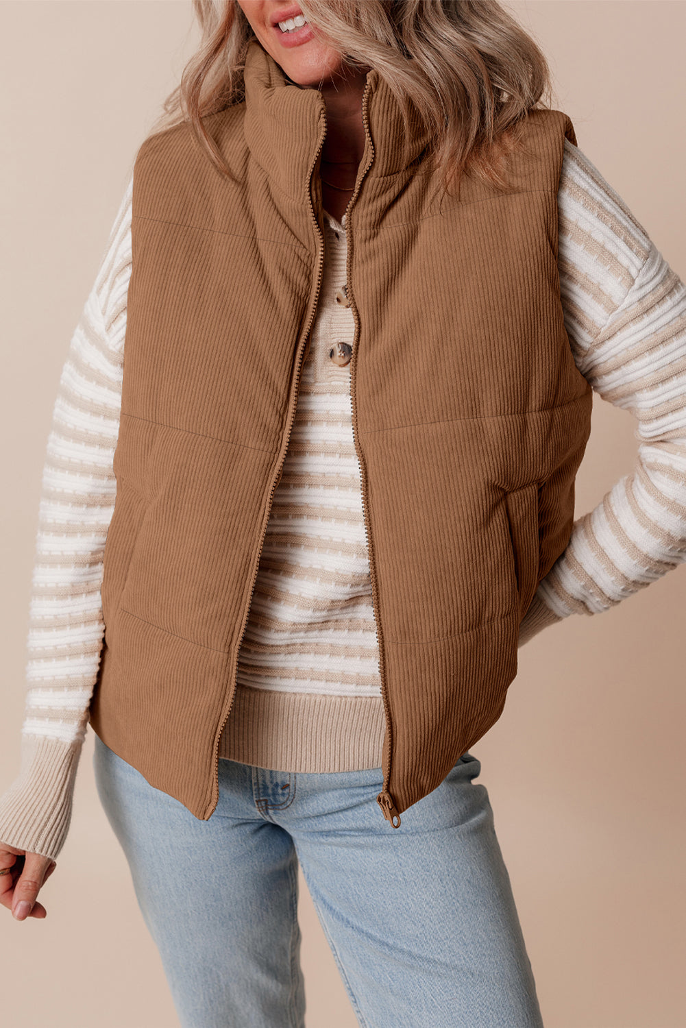 Coffee Corduroy Stand Neck Zipped Puffer Vest-Chaelisa's New Jammies