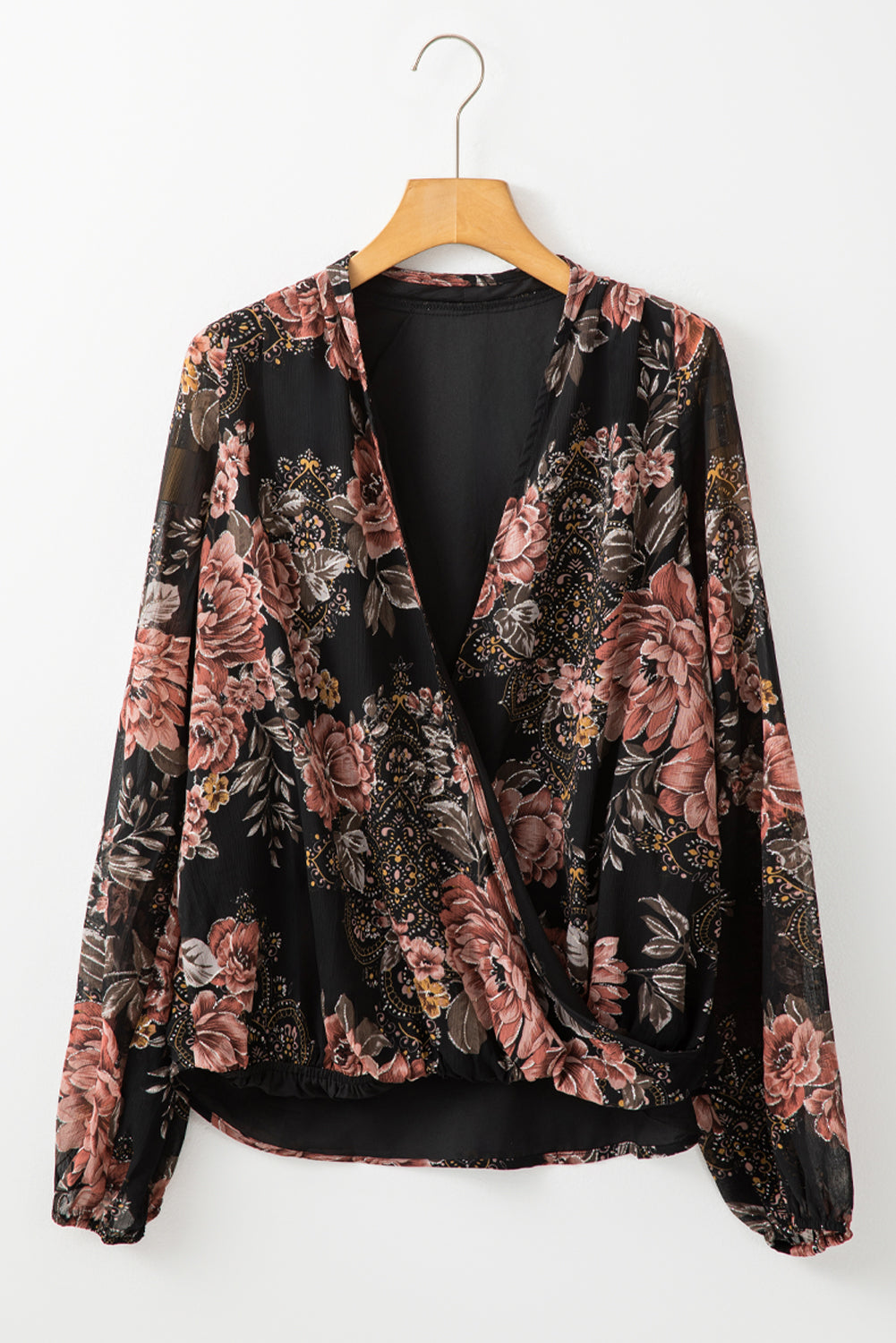 Black Floral Print Criss Cross V Neck Balloon Sleeve Blouse-Chaelisa's New Jammies