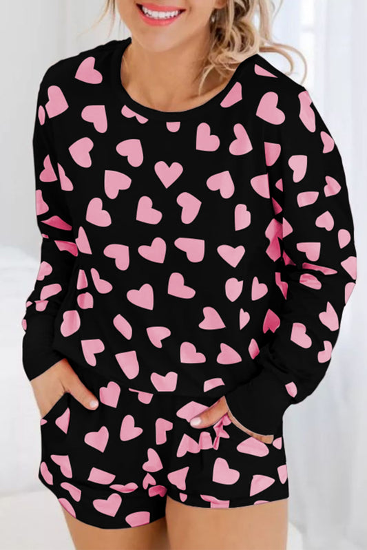 Black Valentine Heart Shape Print Long Sleeve Top Shorts Lounge Set-Chaelisa's New Jammies