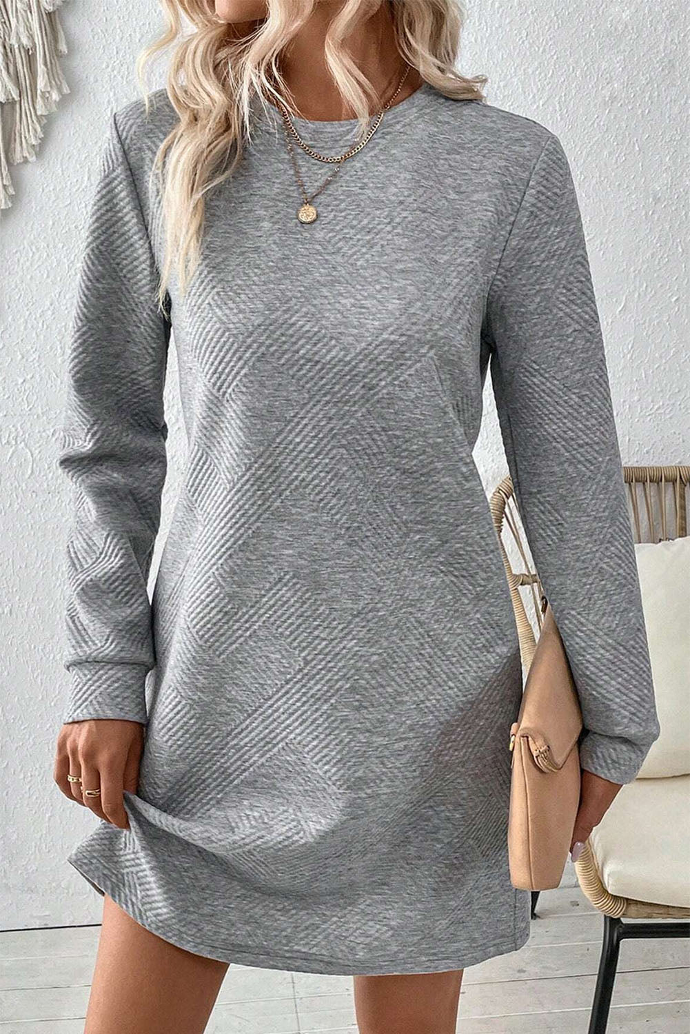 Gray Solid Color Textured Long Sleeve Shift Dress-Chaelisa's New Jammies