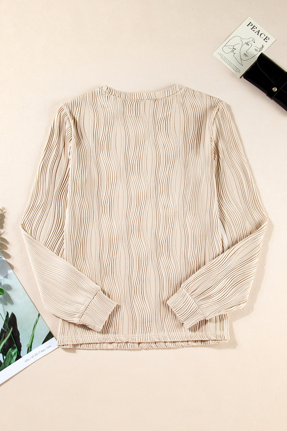 Apricot Textured Wavy Round Neck Long Sleeve Top-Chaelisa's New Jammies