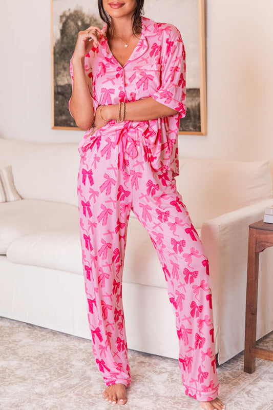 Pink Bow Knot Print Lapel Collar Short Sleeve and Pants Pajamas Set-Chaelisa's New Jammies