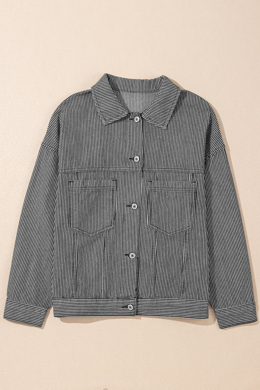 Blue Stripe Washed Oversize Pocketed Denim Jacket-Chaelisa's New Jammies