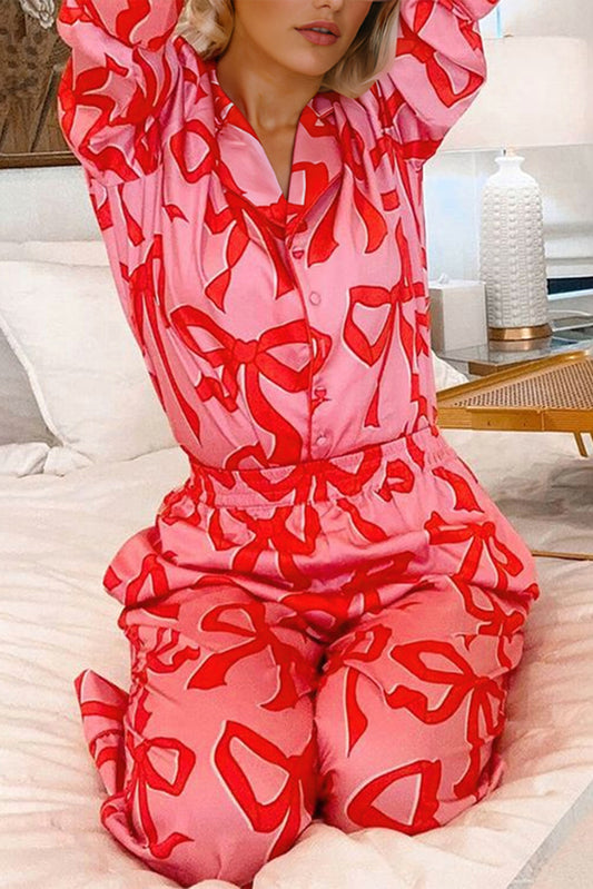 Pink 2pcs Bow Print Shirt Style Long Sleeve Pajama Set-Chaelisa's New Jammies