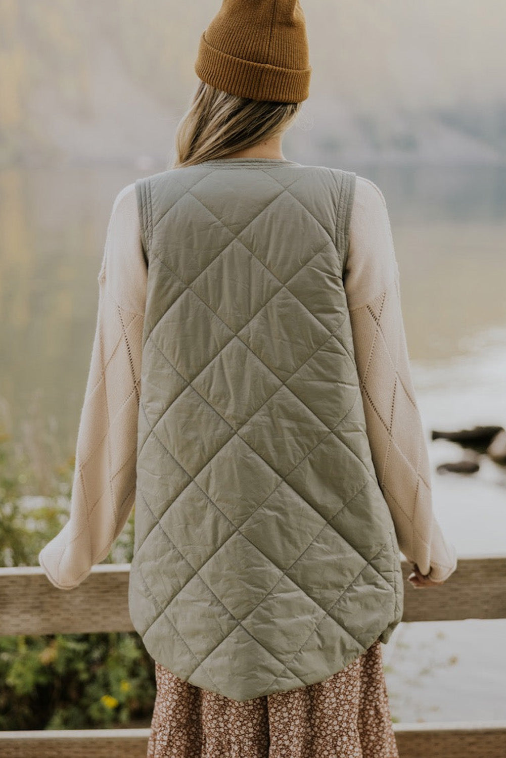 Grass Green Quilted Long Vest Jacket with Pockets-Chaelisa's New Jammies