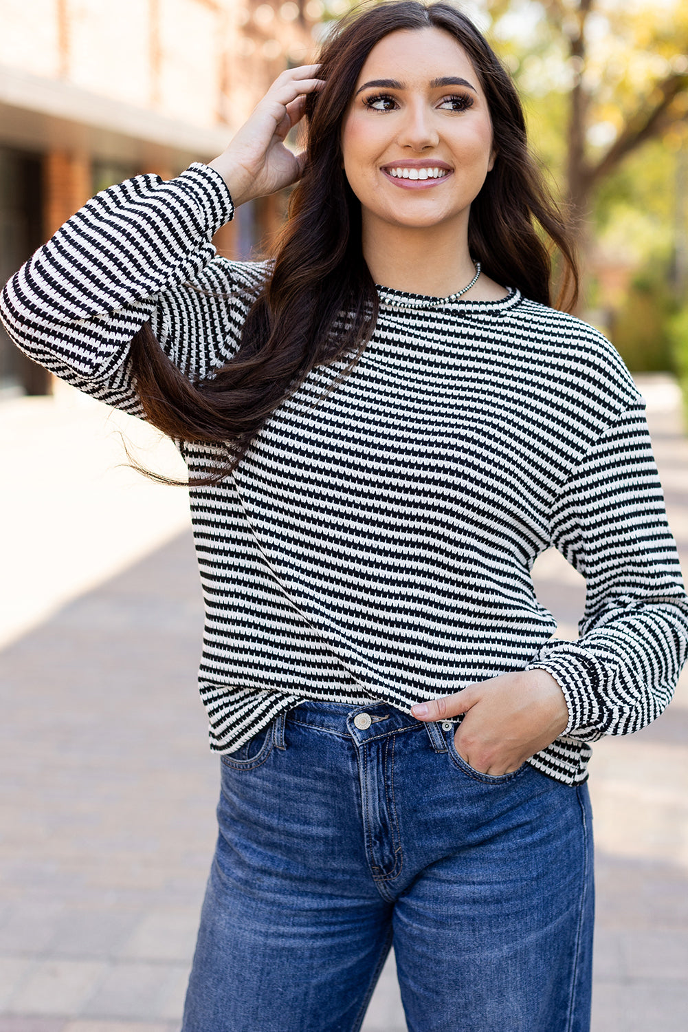 Black Stripe Round Neck Drop Shoulder Long Sleeve Top-Chaelisa's New Jammies