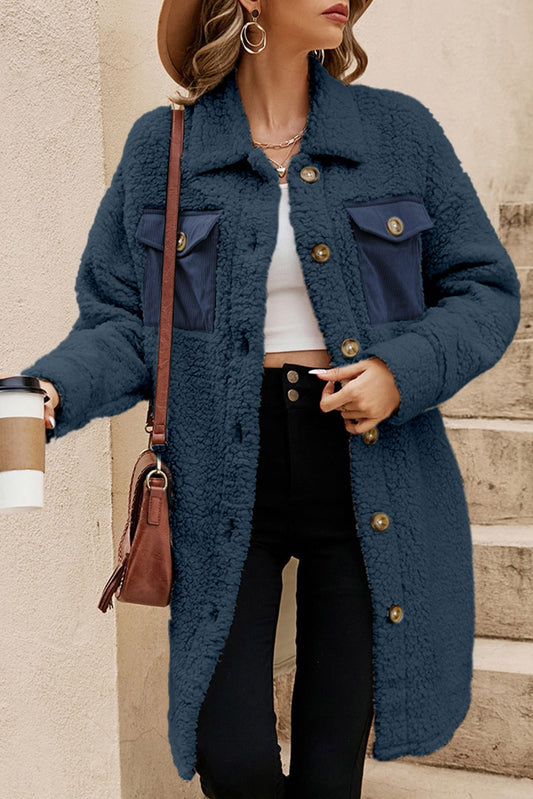 Blue Contrast Flap Pocket Single Breasted Teddy Coat-Chaelisa's New Jammies