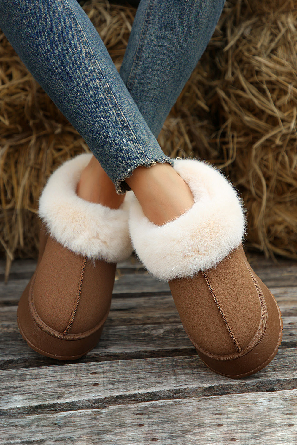 Chestnut Plush Suede Trim Thick Sole Flat Snow Boots-Chaelisa's New Jammies