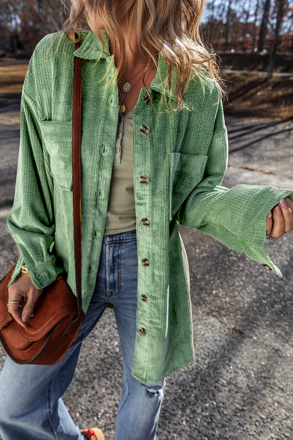 Mist Green Patched Pocket Button Up Corduroy Shacket-Chaelisa's New Jammies