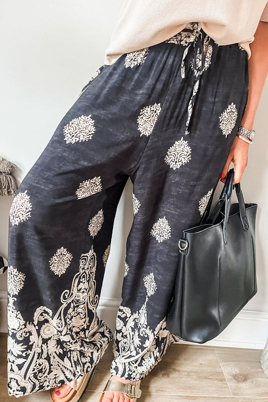 Black Bohemian Printed Drawstring Waist Wide Leg Pants-Chaelisa's New Jammies