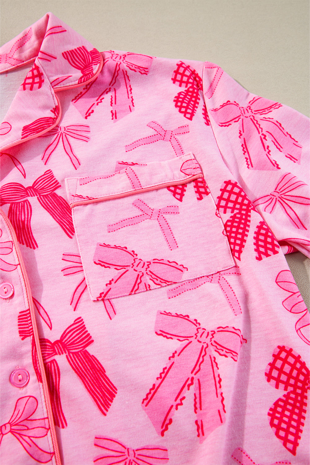 Pink Bow Knot Print Lapel Collar Short Sleeve and Pants Pajamas Set-Chaelisa's New Jammies