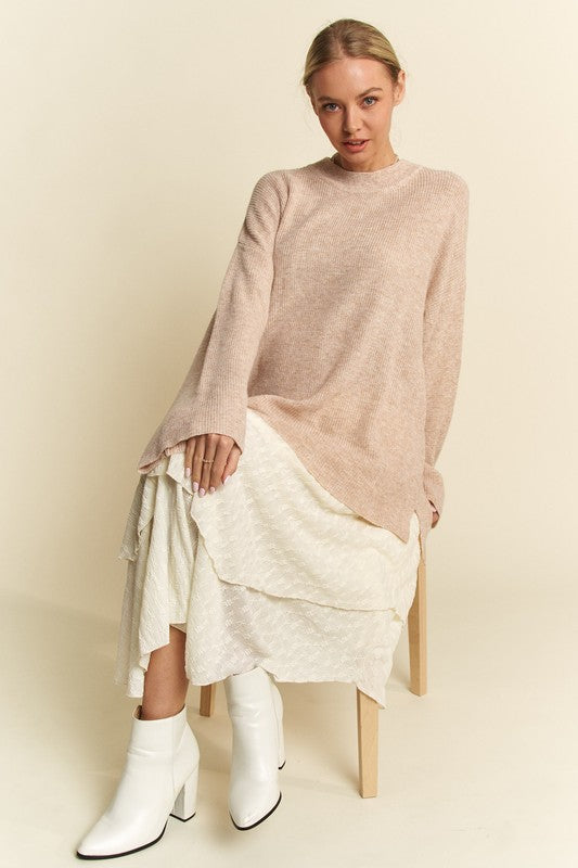Davi & Dani High-Low Round Neck Drop Shoulder Sweater-Chaelisa's New Jammies