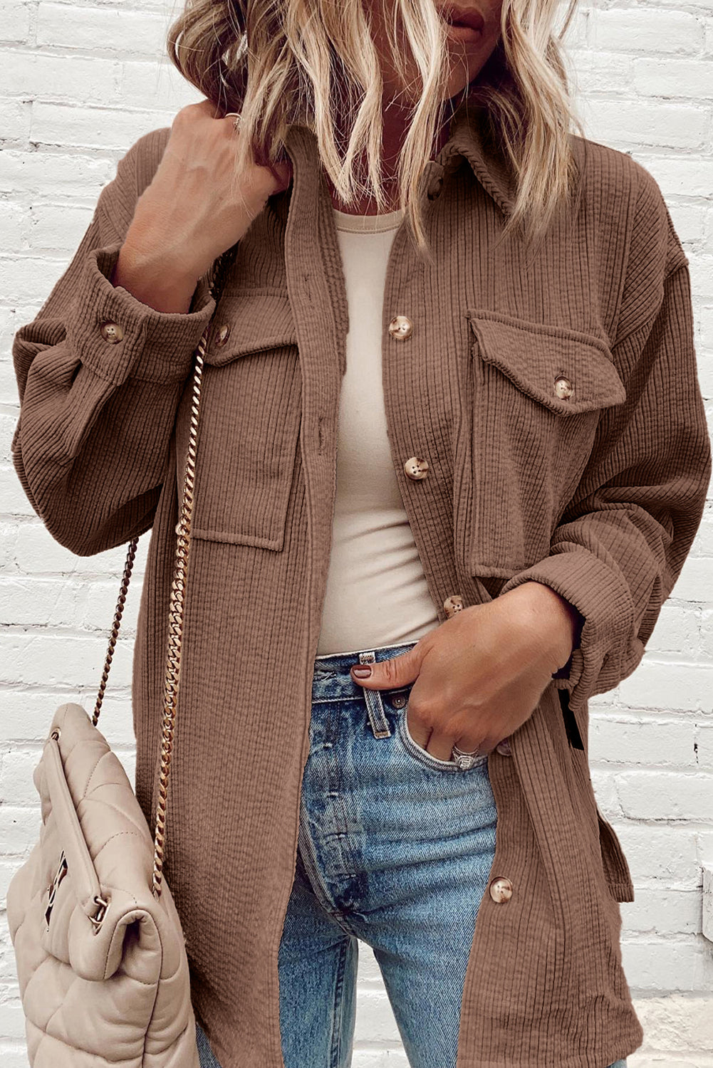 Chestnut Corduroy Flap Pocket Button Up Shacket-Chaelisa's New Jammies