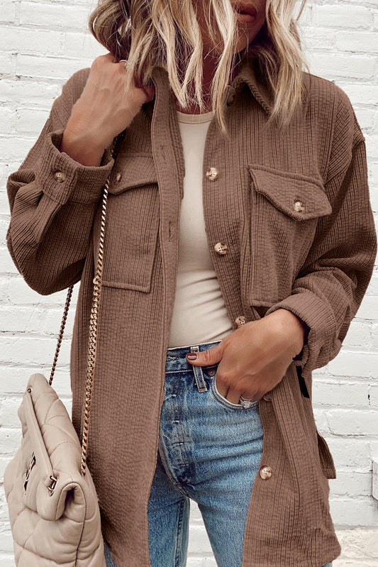 Chestnut Corduroy Flap Pocket Button Up Shacket-Chaelisa's New Jammies