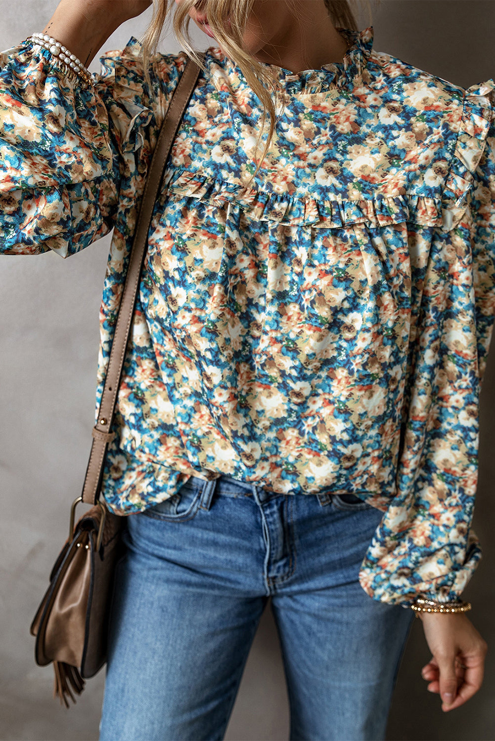 Sky Blue Floral Print Frilled Mock Neck Puff Sleeve Blouse-Chaelisa's New Jammies