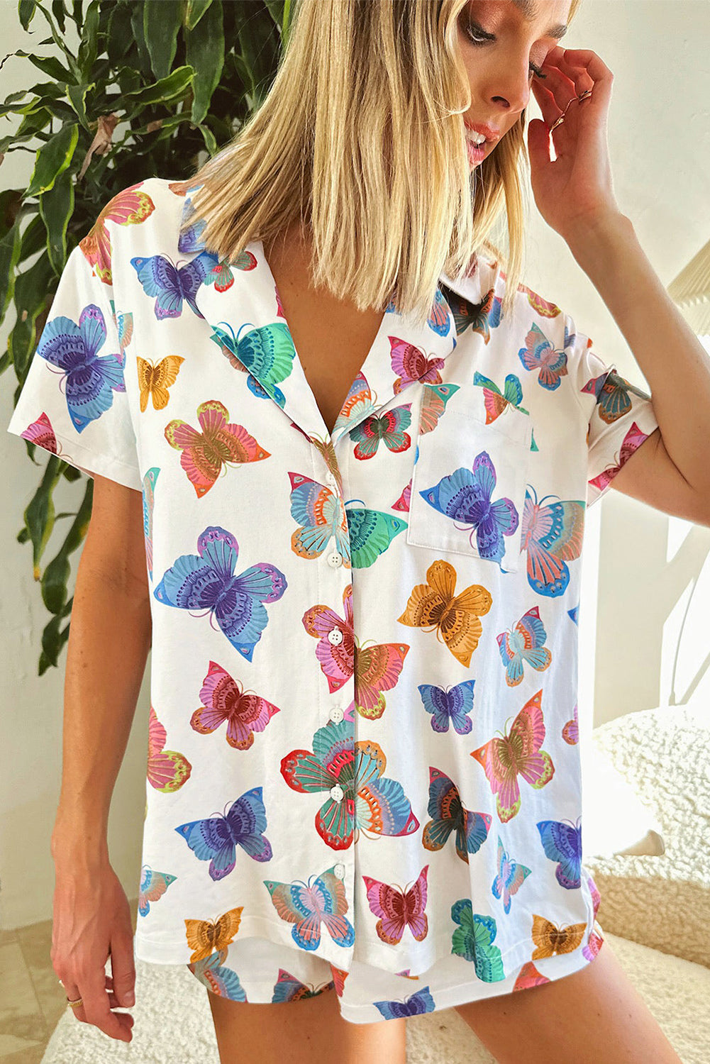 Multicolour Butterfly Pattern Short Sleeve Shirt Pajamas Set-Chaelisa's New Jammies