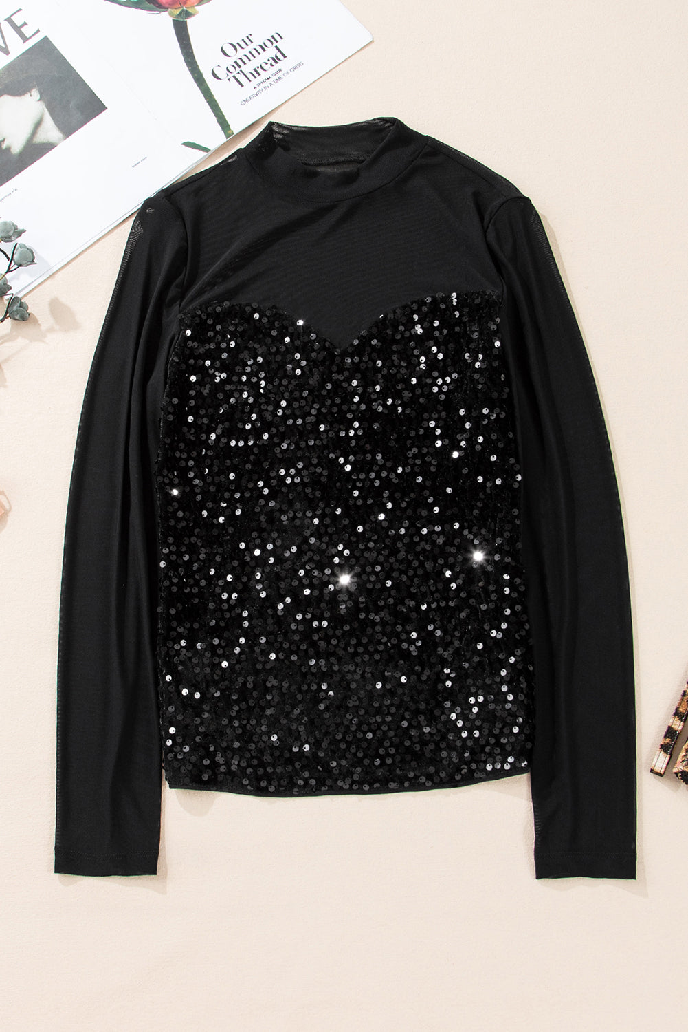 Black Sequin Velvet Sheer Mesh Mock Neck Blouse-Chaelisa's New Jammies