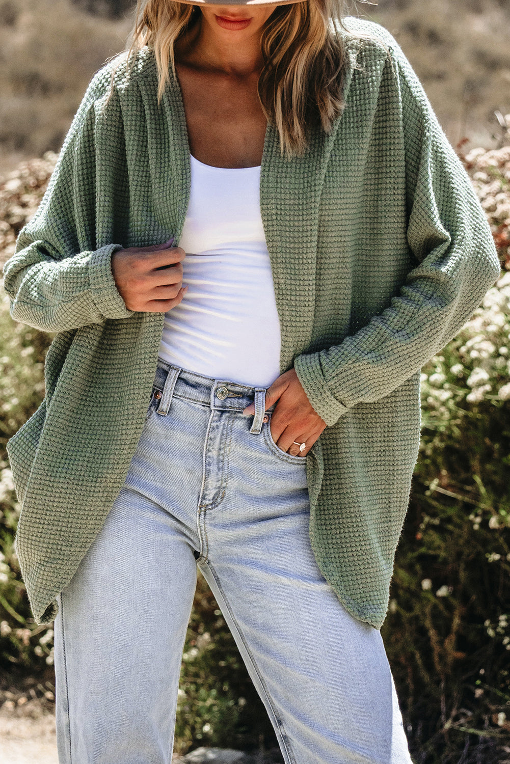 Laurel Green Waffle Knit Open Front Cardigan-Chaelisa's New Jammies