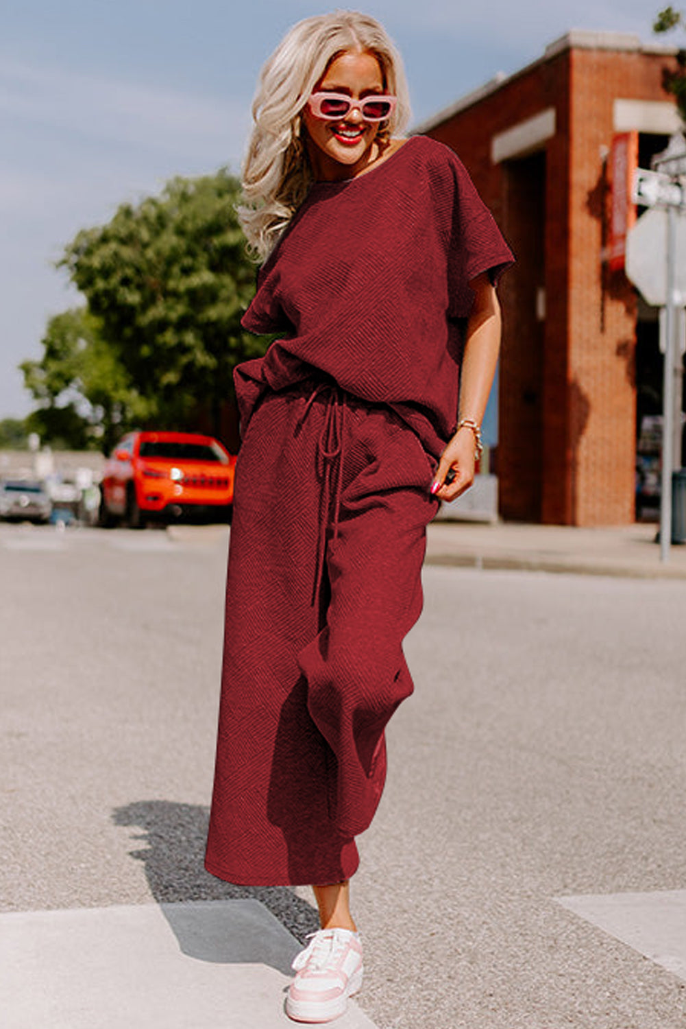 Red Dahlia Textured Loose Fit T Shirt and Drawstring Pants Set-Chaelisa's New Jammies