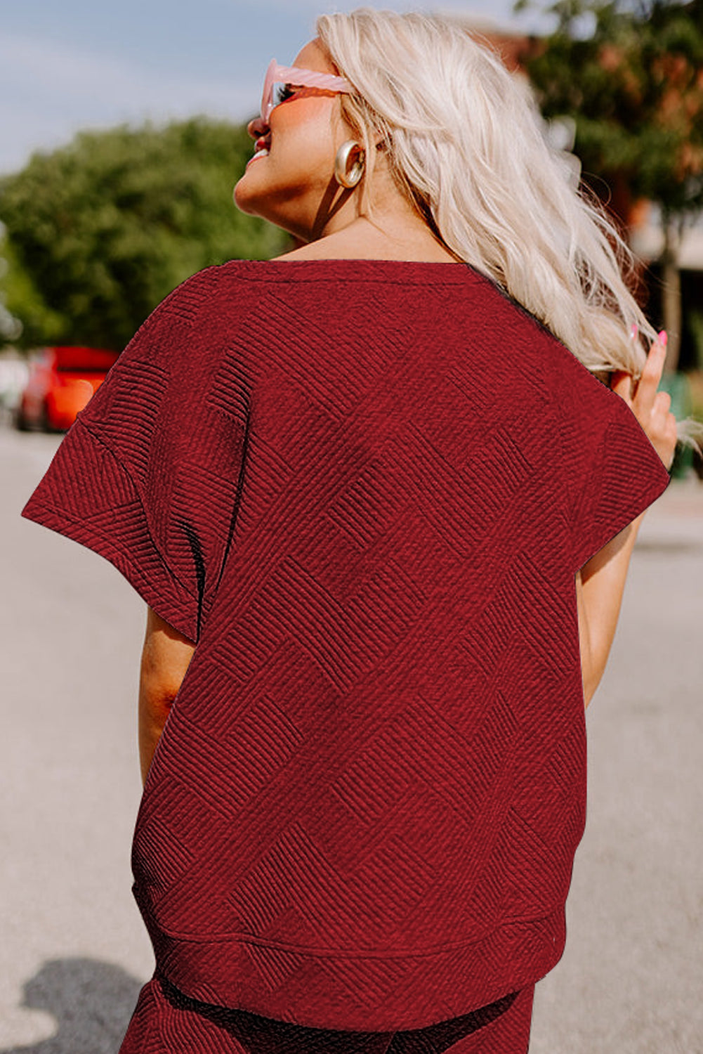 Red Dahlia Textured Loose Fit T Shirt and Drawstring Pants Set-Chaelisa's New Jammies