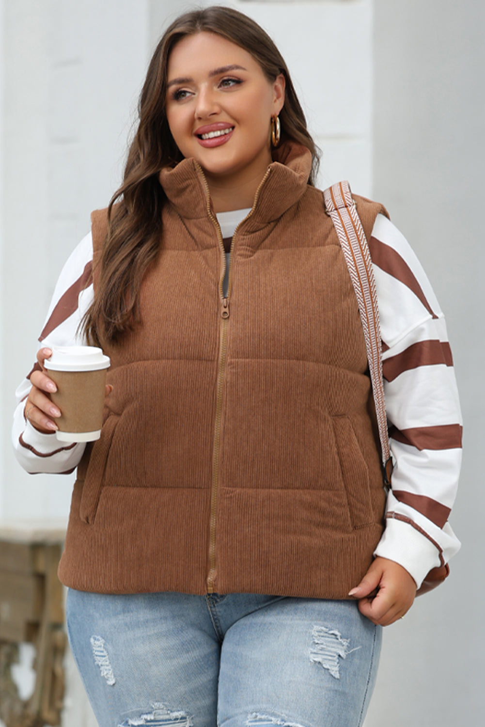 Coffee Corduroy Stand Neck Zipped Puffer Vest-Chaelisa's New Jammies