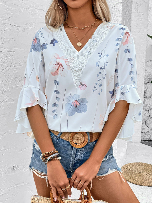 Ruffled Printed V-Neck Half Sleeve Blouse-Chaelisa's New Jammies