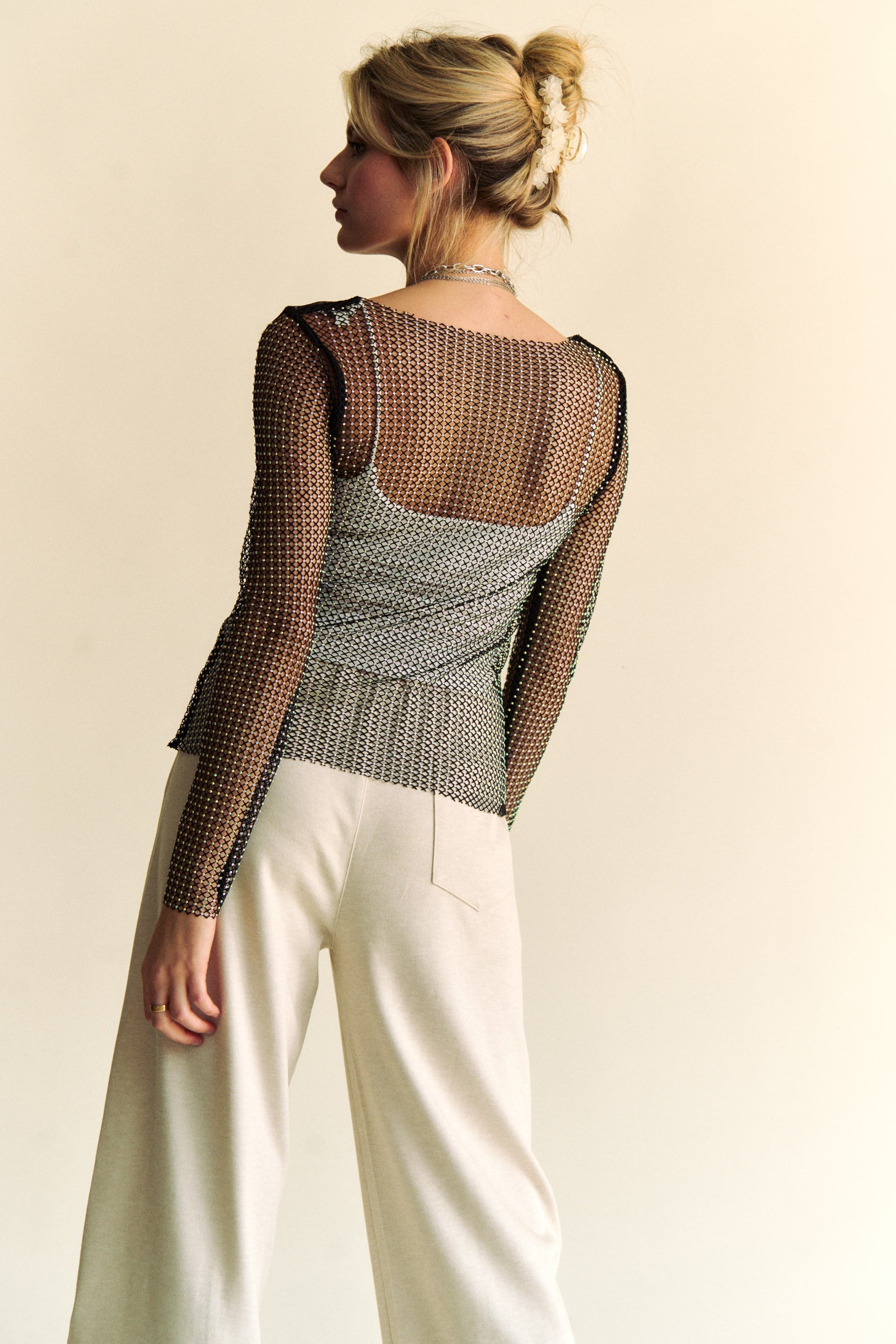 Davi & Dani Sparkling Rhinestone Sheer Mesh Round Neck Top-Chaelisa's New Jammies