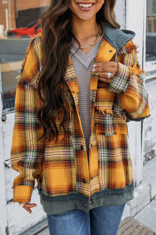 Orange Plaid Patch Hooded Frayed Snap Button Jacket-Chaelisa's New Jammies