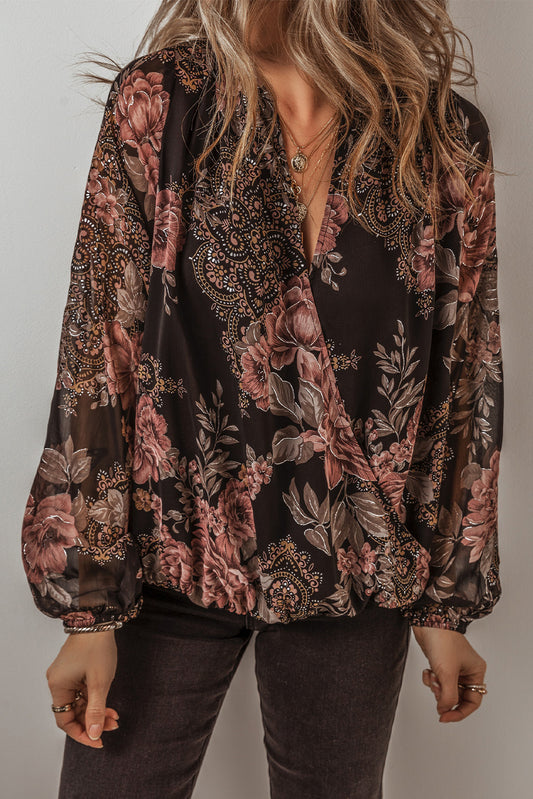 Black Floral Print Criss Cross V Neck Balloon Sleeve Blouse-Chaelisa's New Jammies