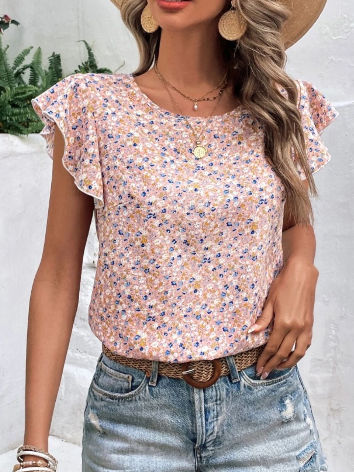 Ditsy Floral Round Neck Cap Sleeve Top-Chaelisa's New Jammies