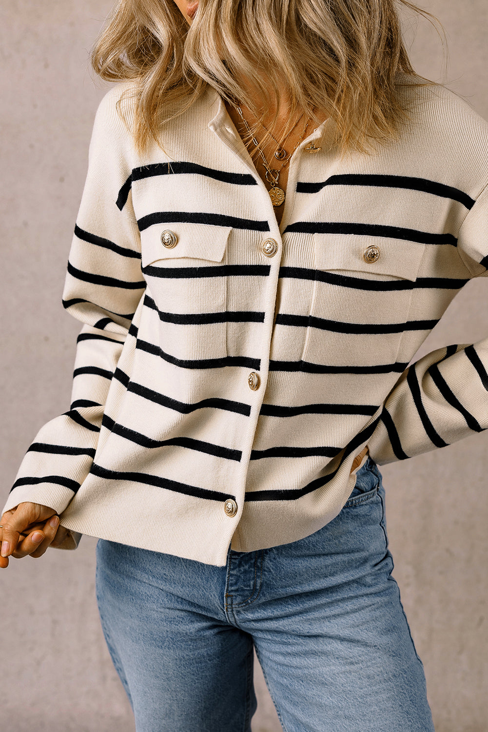 Black Stripe Flap Pocket Buttoned Cardigan Sweater-Chaelisa's New Jammies