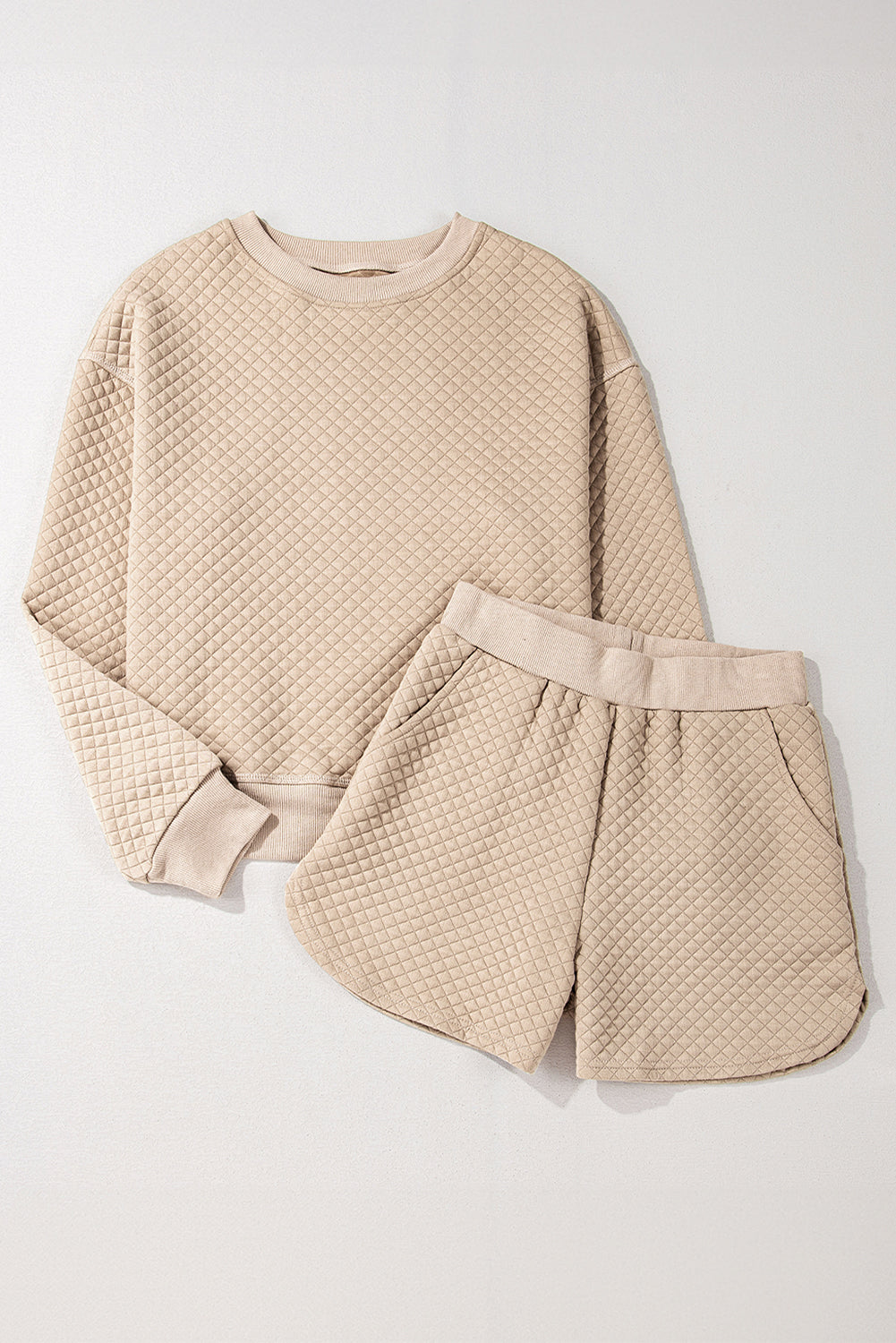 Parchment Solid Color Quilted Long Sleeve Top and Shorts Set-Chaelisa's New Jammies