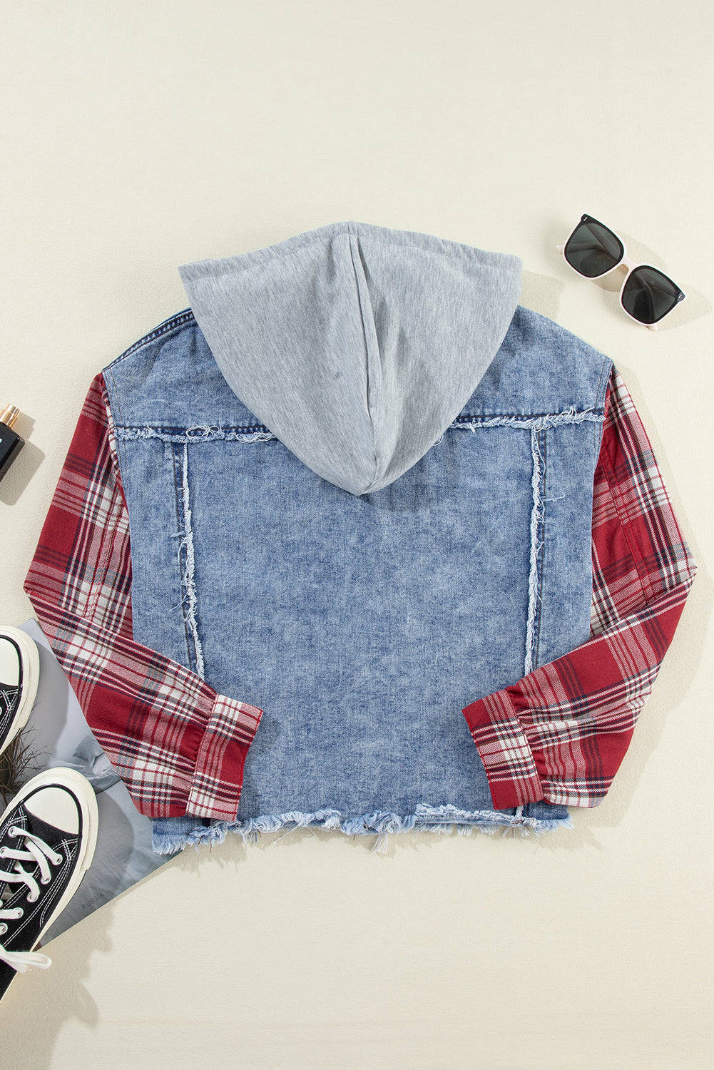 Beau Blue Plaid Print Patchwork Hooded Raw Hem Denim Jacket-Chaelisa's New Jammies