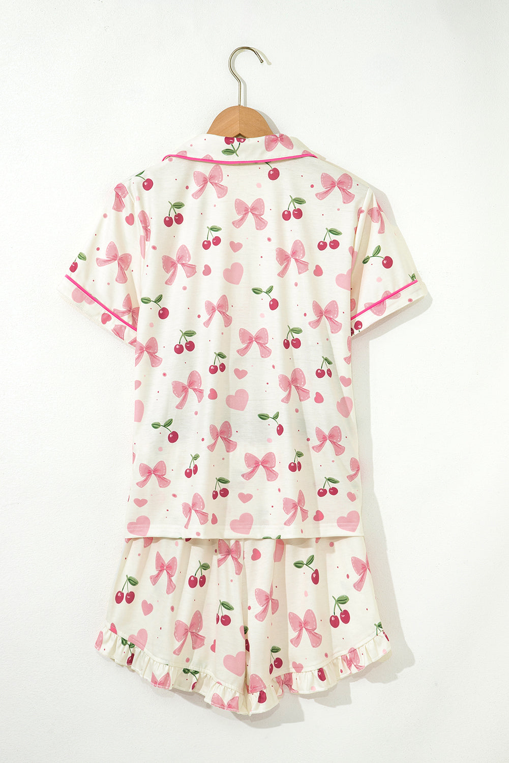 Beige Bow Fruit Print Contrast Pipping Short Pajamas Set-Chaelisa's New Jammies
