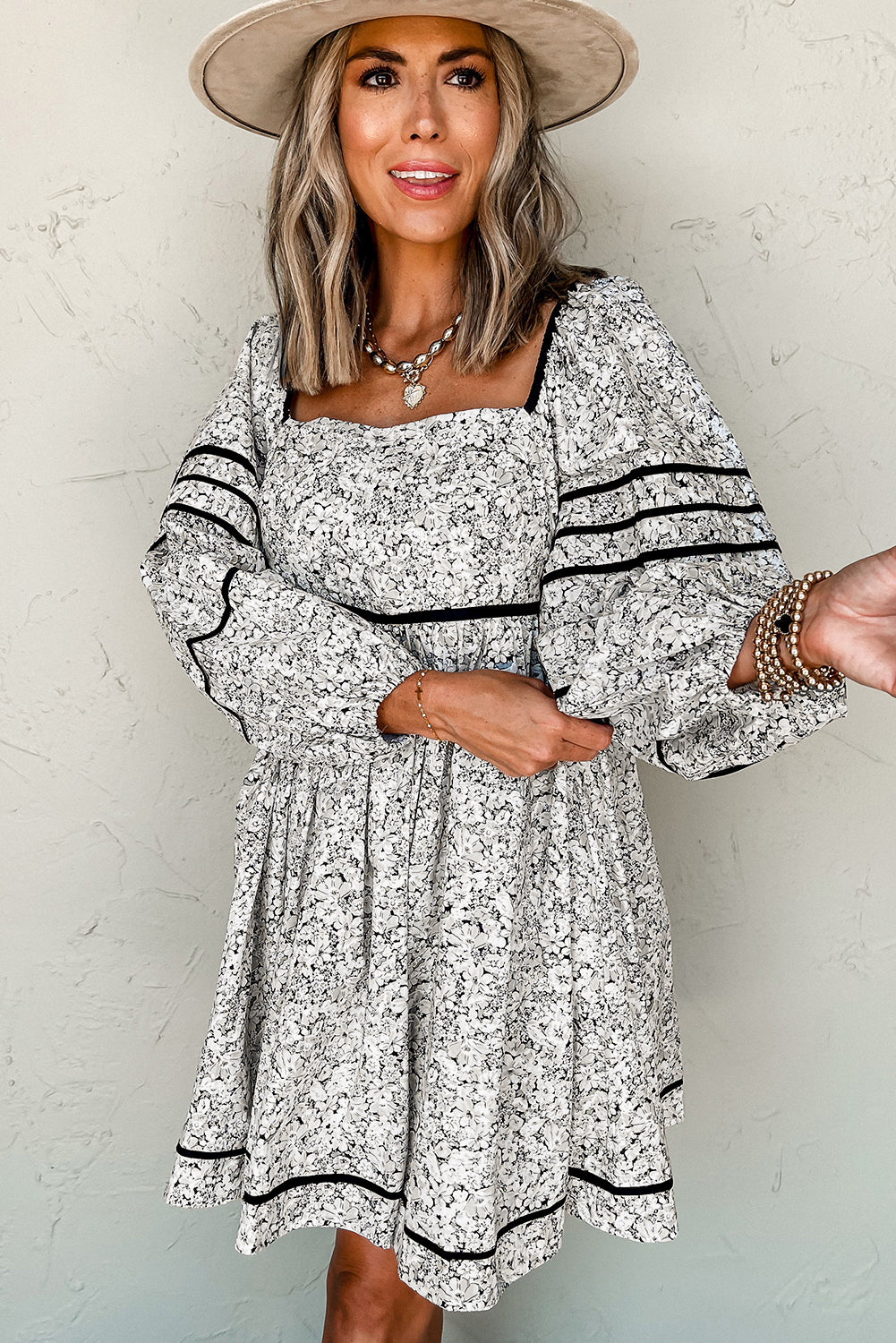 Gray Floral Print Open Back Balloon Sleeve Square Neck Mini Dress-Chaelisa's New Jammies