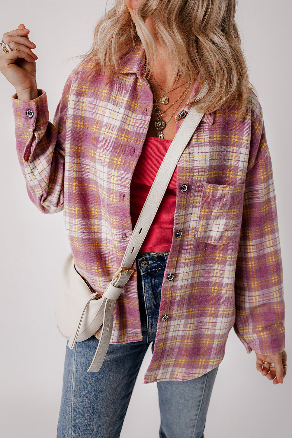 Pink Plaid Print Chest Pocket Long Sleeve Shacket-Chaelisa's New Jammies