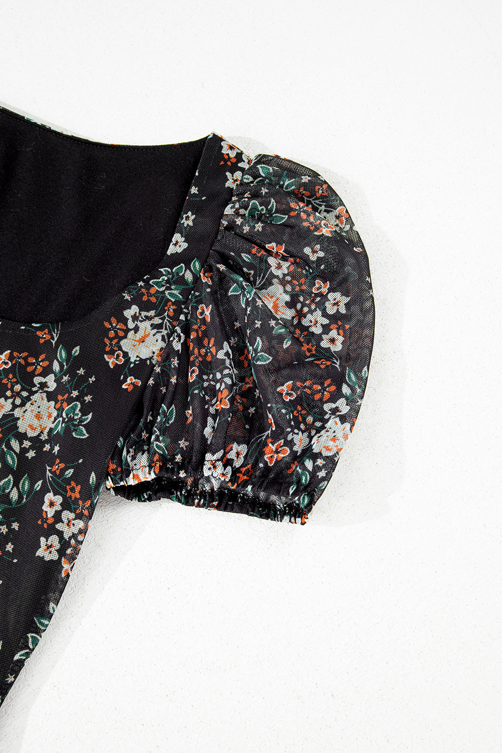 Black Floral Print U Neck Short Puff Sleeve Bodysuit-Chaelisa's New Jammies