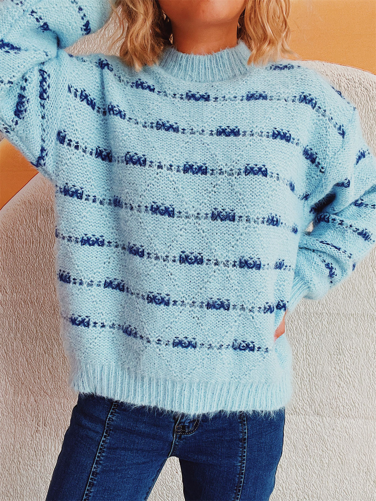 Striped Round Neck Long Sleeve Sweater-Chaelisa's New Jammies