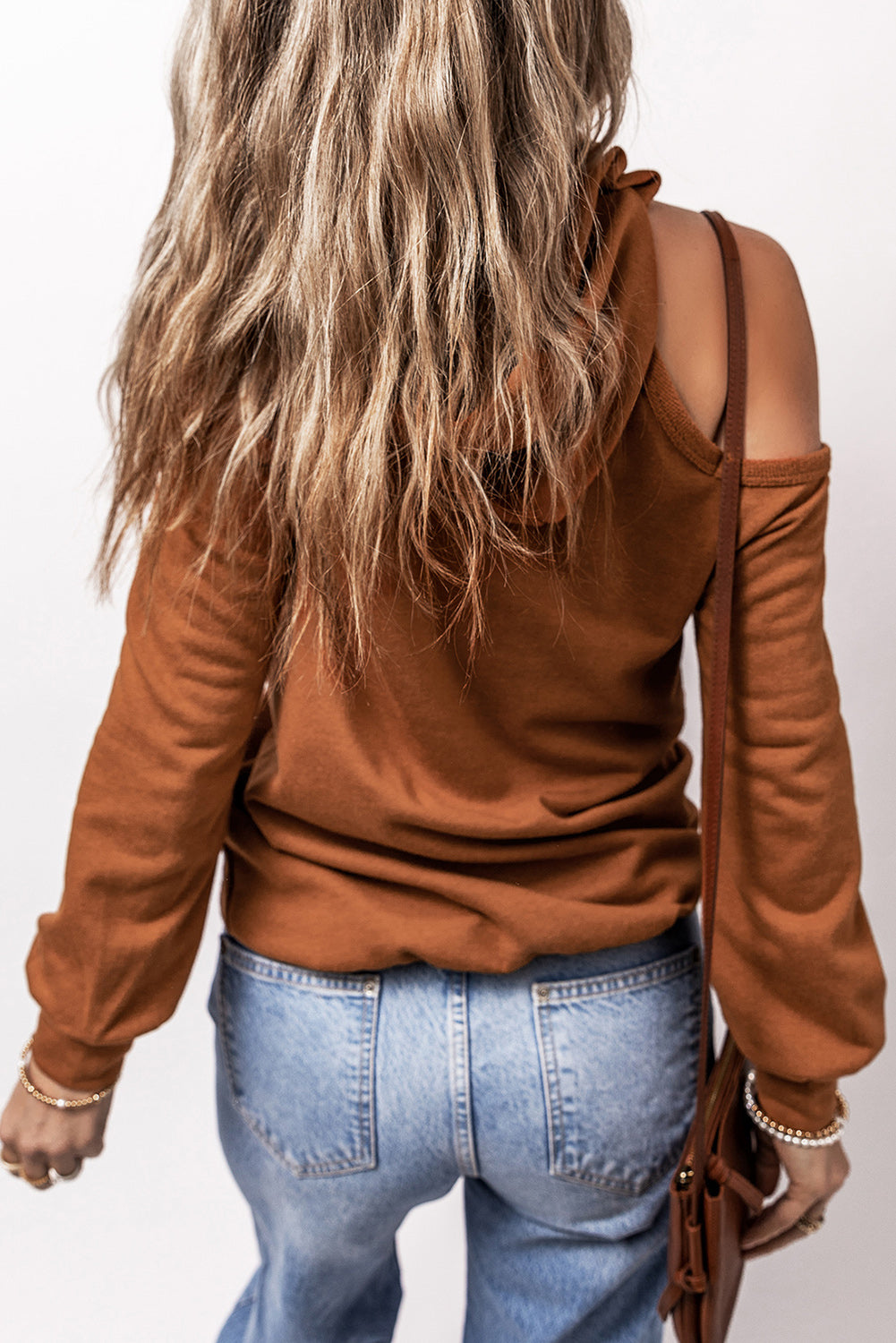 Cinnamon Exposed Seam Cold Shoulder Drawstring Hoodie-Chaelisa's New Jammies
