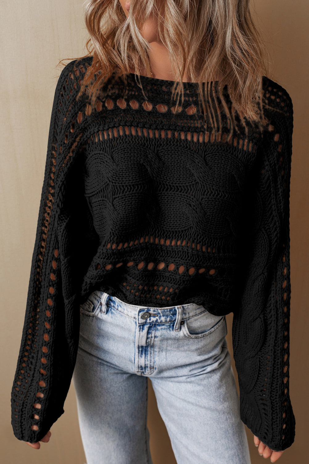 Black Hollow-out Cable Knit Cropped Sweater-Chaelisa's New Jammies
