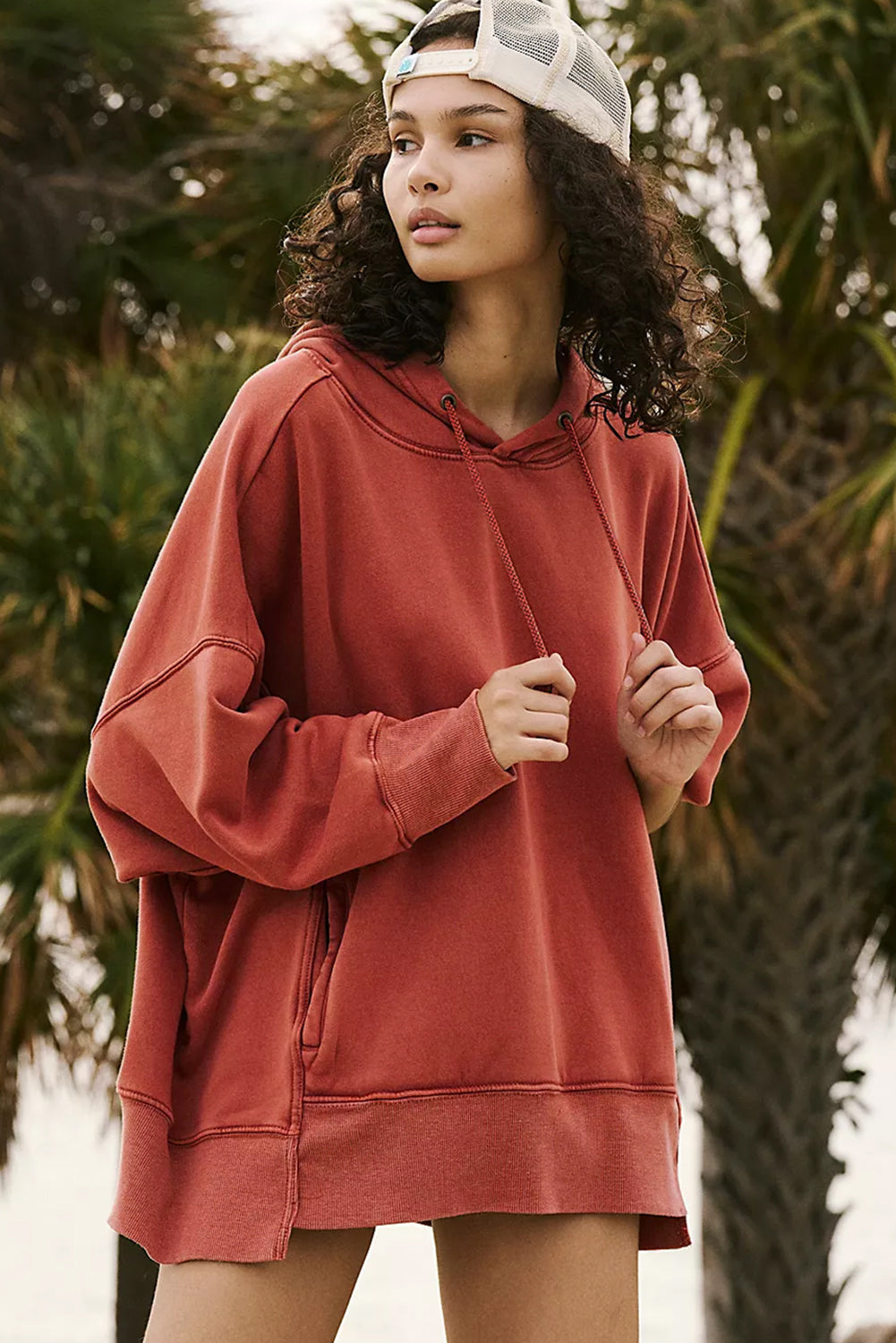 Red Clay Drop Shoulder Pocketed Baggy Drawstring Hoodie-Chaelisa's New Jammies