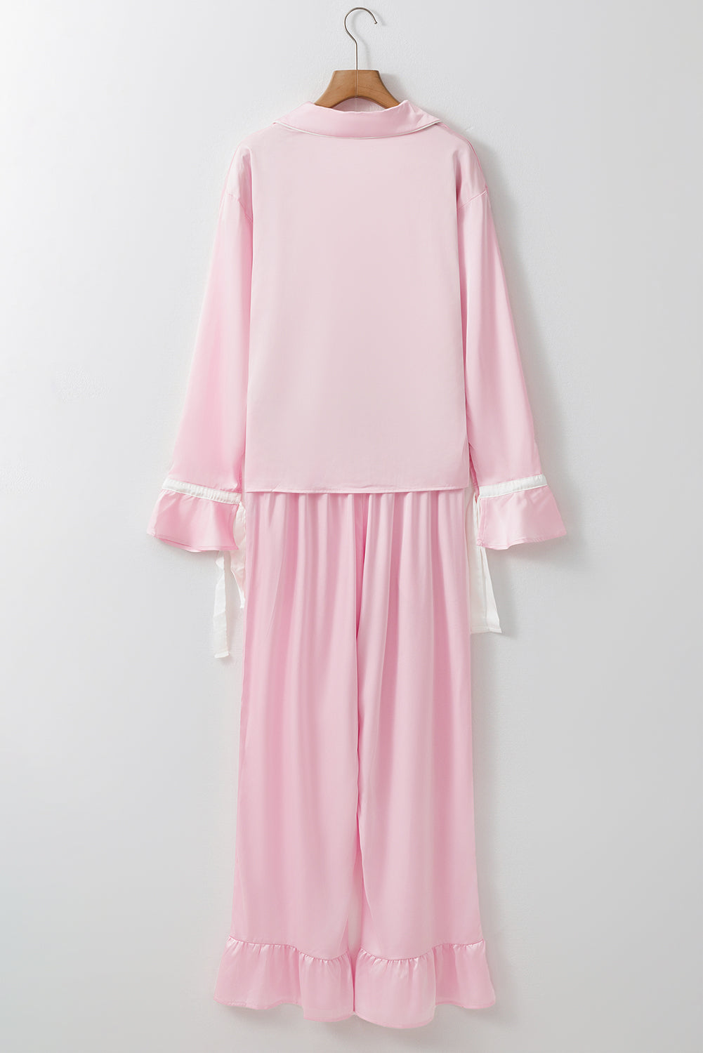 Light Pink Satin Knot Accent Shirt and Ruffled Pants Lounge Set-Chaelisa's New Jammies