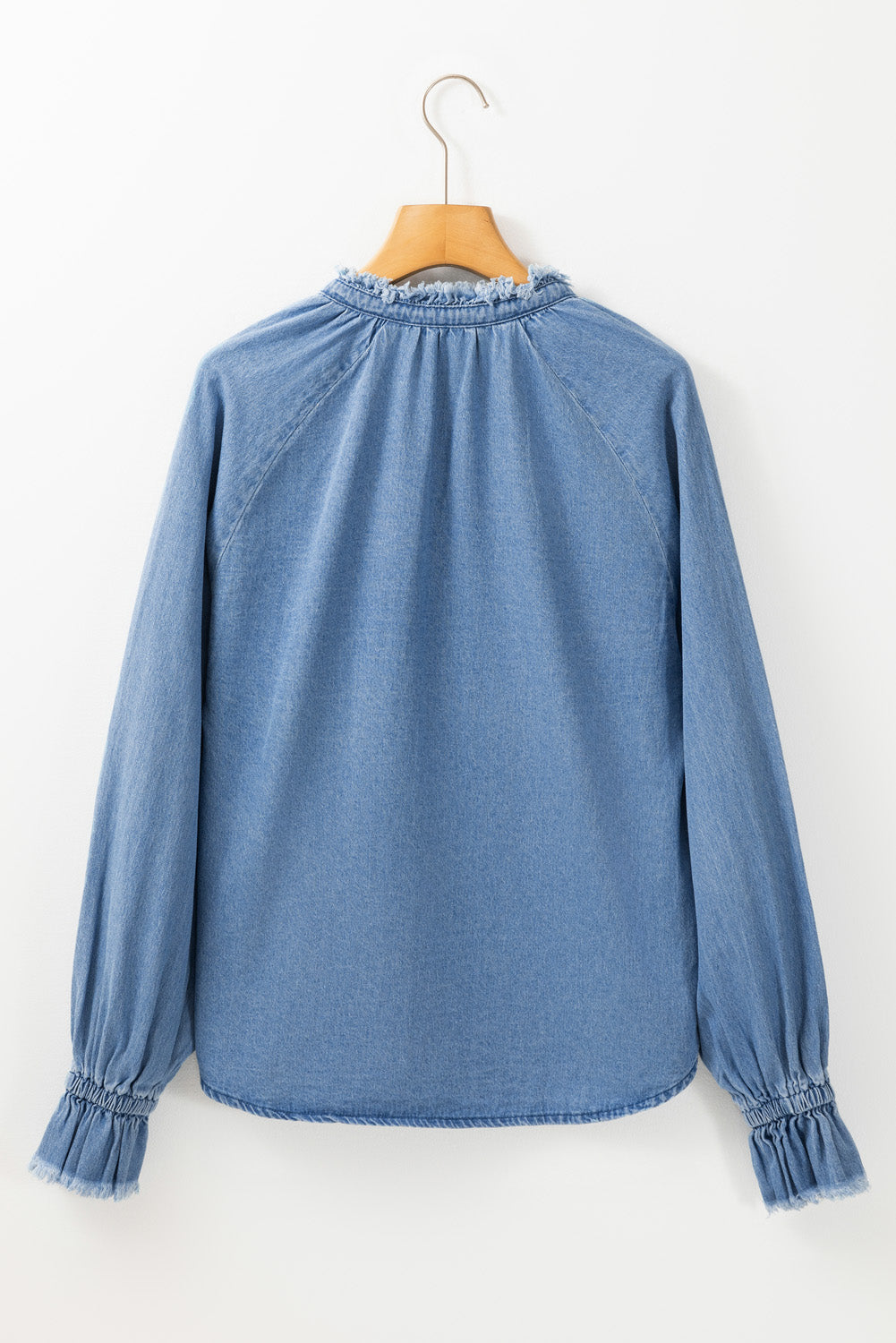 Sky Blue Frilled Raw Hem Half Buttoned Denim Top-Chaelisa's New Jammies